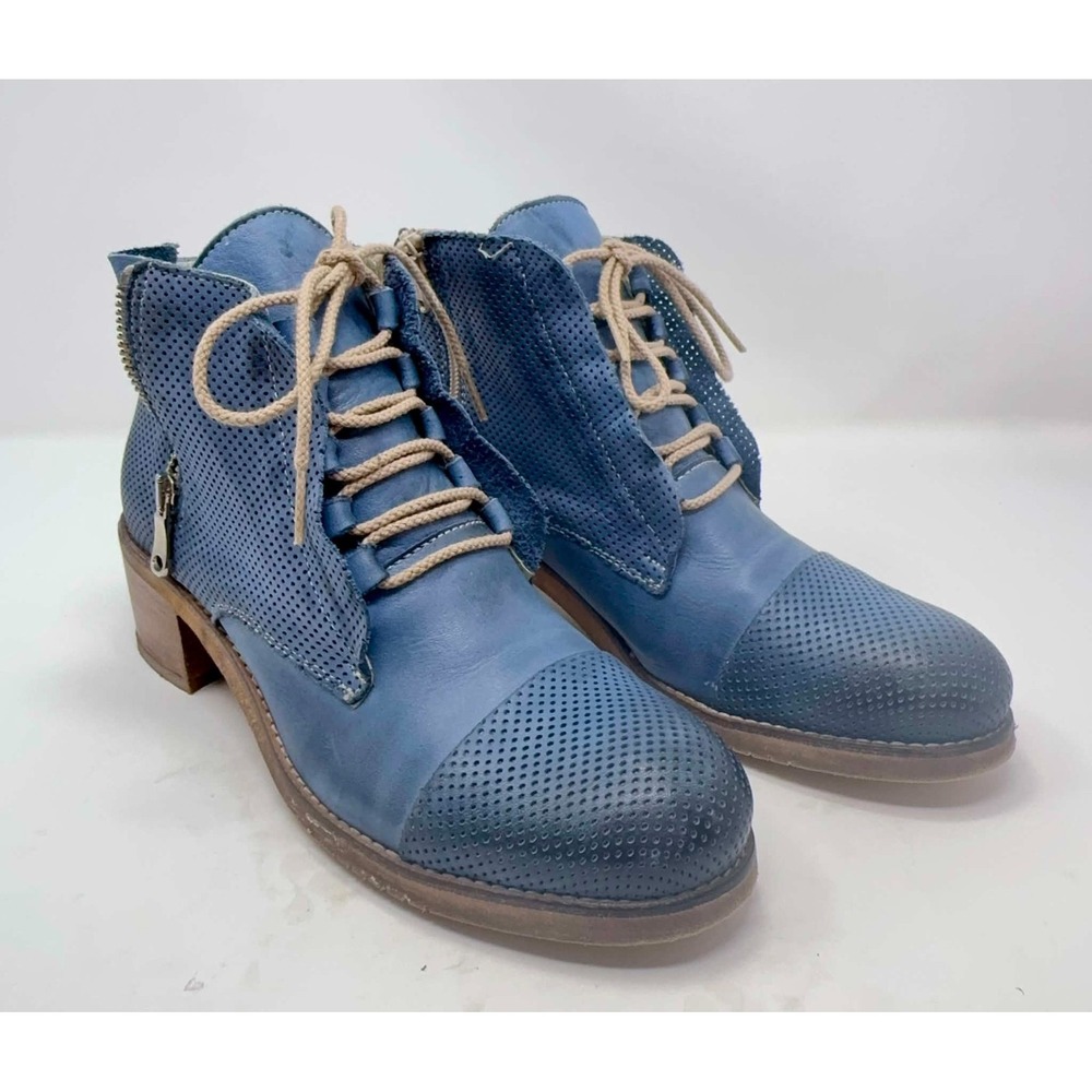 DEKY Italy Blue Leather Perforated Lace Up Ankle Boots Womens 40 US 9 Luxury